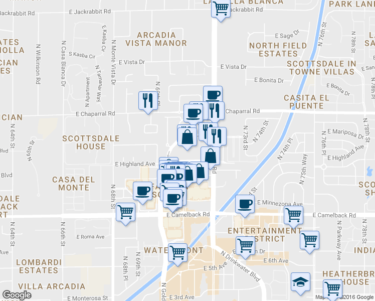 map of restaurants, bars, coffee shops, grocery stores, and more near 7137 East Rancho Vista Drive in Scottsdale