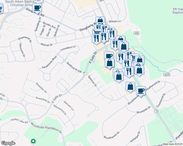 map of restaurants, bars, coffee shops, grocery stores, and more near 133 Melville Lane Southwest in Aiken