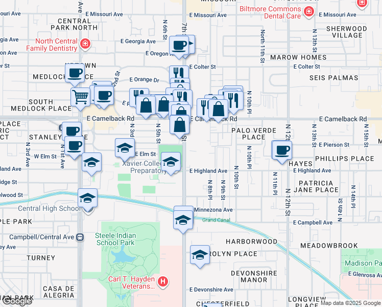 map of restaurants, bars, coffee shops, grocery stores, and more near 4745 North 7th Street in Phoenix