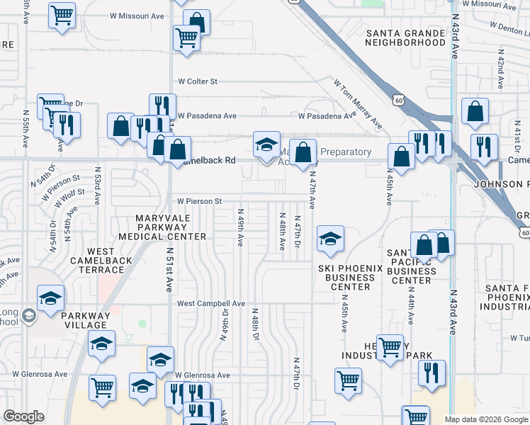 map of restaurants, bars, coffee shops, grocery stores, and more near 4828 West Elm Drive in Phoenix