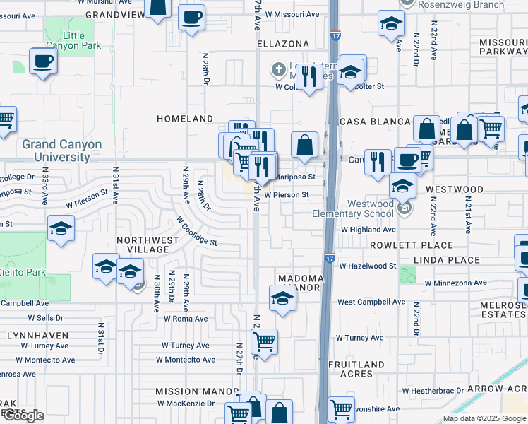 map of restaurants, bars, coffee shops, grocery stores, and more near 2642 West Elm Street in Phoenix
