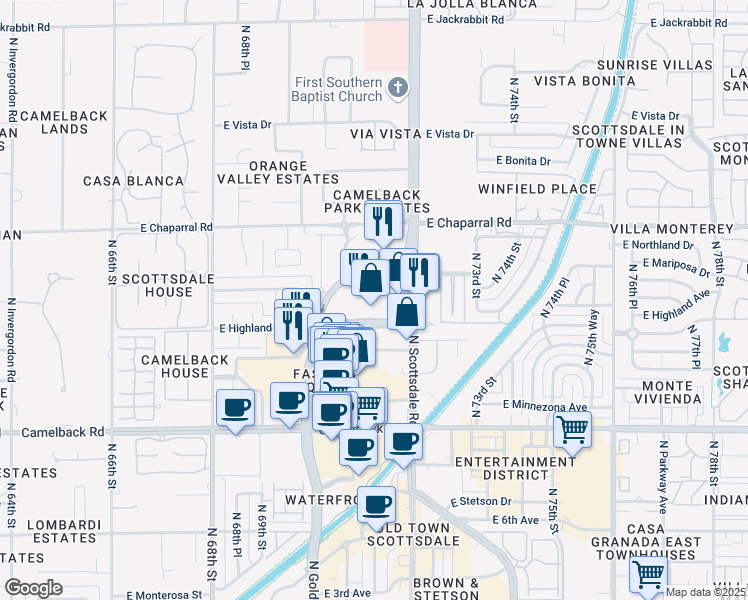 map of restaurants, bars, coffee shops, grocery stores, and more near 7137 East Rancho Vista Drive in Scottsdale