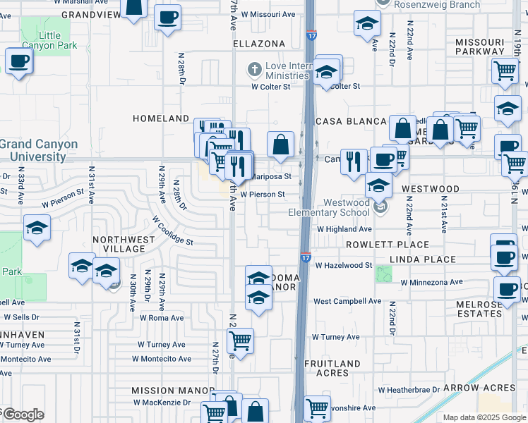 map of restaurants, bars, coffee shops, grocery stores, and more near 2534 West Elm Street in Phoenix