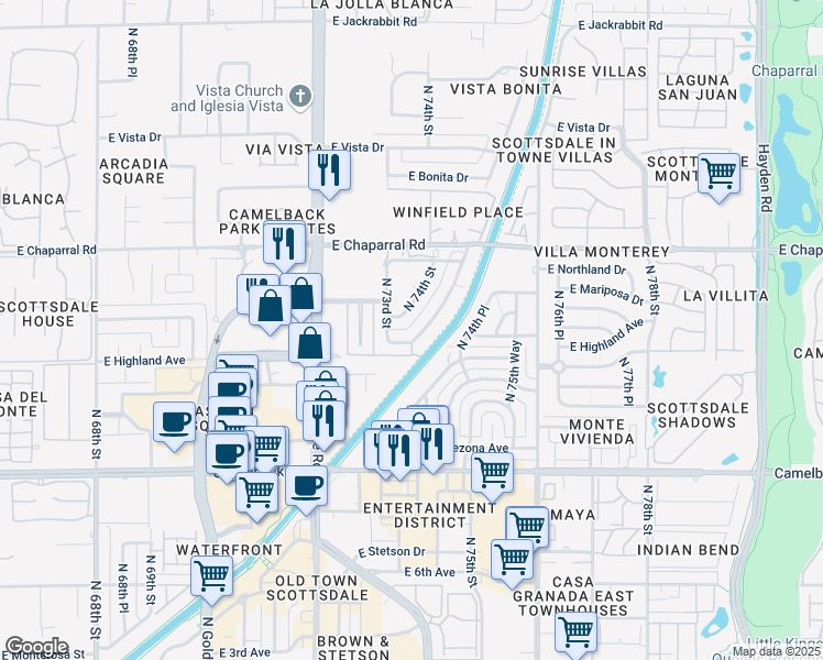 map of restaurants, bars, coffee shops, grocery stores, and more near 7311 East Paradise Drive in Scottsdale