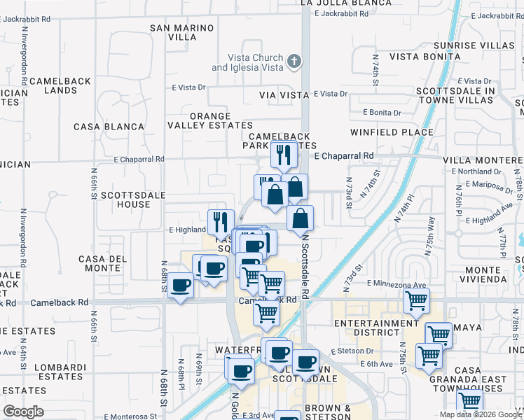 map of restaurants, bars, coffee shops, grocery stores, and more near 7137 East Rancho Vista Drive in Scottsdale