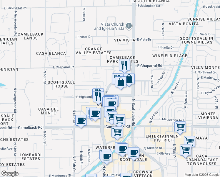 map of restaurants, bars, coffee shops, grocery stores, and more near 4848 North Goldwater Boulevard in Scottsdale