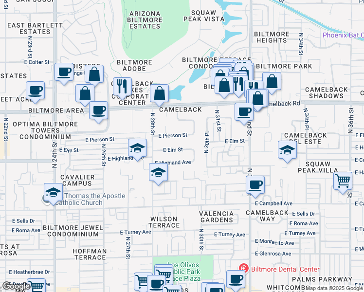 map of restaurants, bars, coffee shops, grocery stores, and more near 2920 East Elm Street in Phoenix