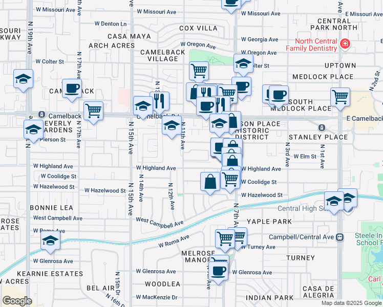 map of restaurants, bars, coffee shops, grocery stores, and more near 740 West Elm Street in Phoenix