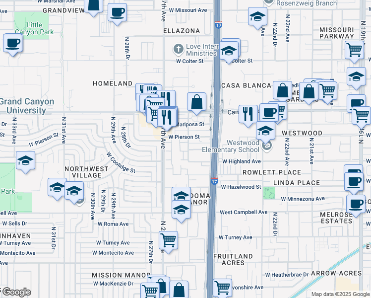 map of restaurants, bars, coffee shops, grocery stores, and more near 2534 West Elm Street in Phoenix