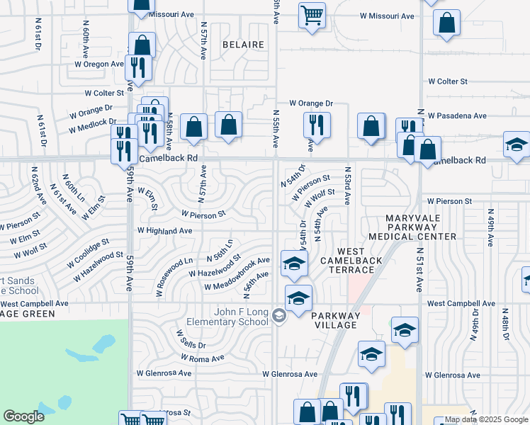 map of restaurants, bars, coffee shops, grocery stores, and more near 4725 North 55th Avenue in Phoenix