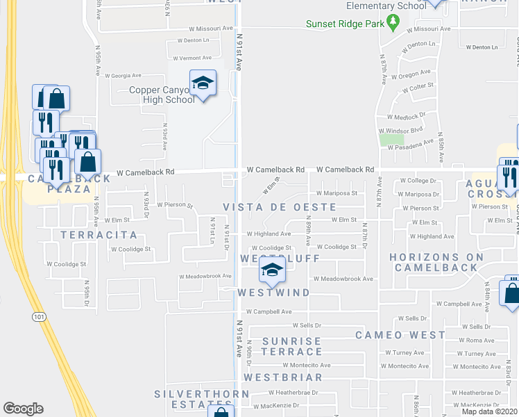 map of restaurants, bars, coffee shops, grocery stores, and more near 9023 West Elm Street in Phoenix