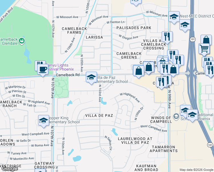 map of restaurants, bars, coffee shops, grocery stores, and more near North 103rd Avenue in Phoenix