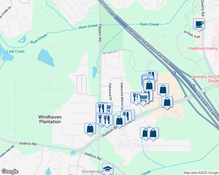 map of restaurants, bars, coffee shops, grocery stores, and more near 2012 Oakwood Drive in Stockbridge