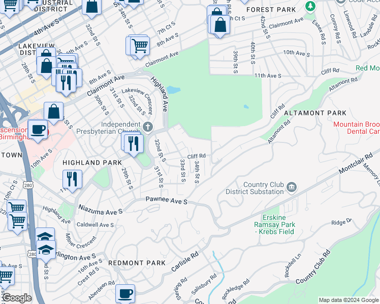 map of restaurants, bars, coffee shops, grocery stores, and more near 3300 Cliff Road in Birmingham