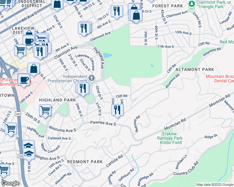 map of restaurants, bars, coffee shops, grocery stores, and more near 3300 Cliff Road in Birmingham