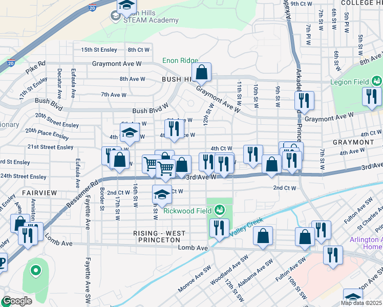 map of restaurants, bars, coffee shops, grocery stores, and more near 1211 4th Court West in Birmingham