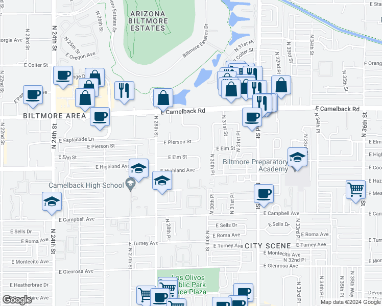 map of restaurants, bars, coffee shops, grocery stores, and more near 2920 East Elm Street in Phoenix