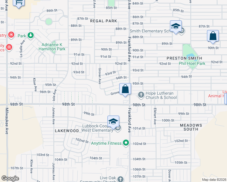 map of restaurants, bars, coffee shops, grocery stores, and more near 5818 96th Street in Lubbock