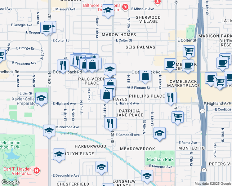 map of restaurants, bars, coffee shops, grocery stores, and more near 4735 North 12th Street in Phoenix
