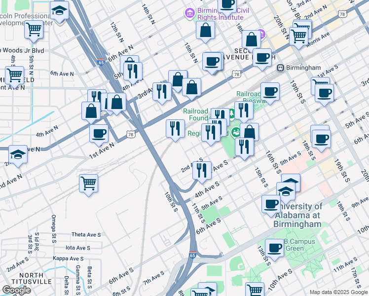 map of restaurants, bars, coffee shops, grocery stores, and more near 1200 1st Avenue South in Birmingham