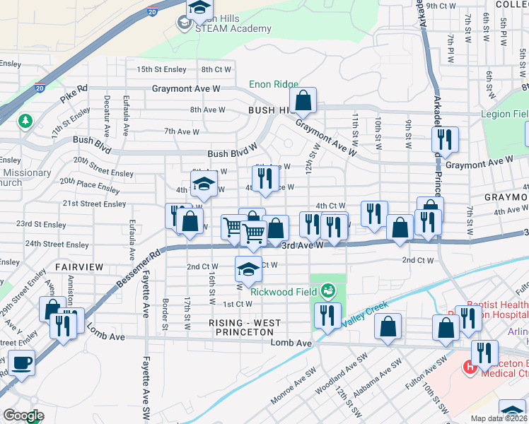 map of restaurants, bars, coffee shops, grocery stores, and more near 1311 4th Court West in Birmingham
