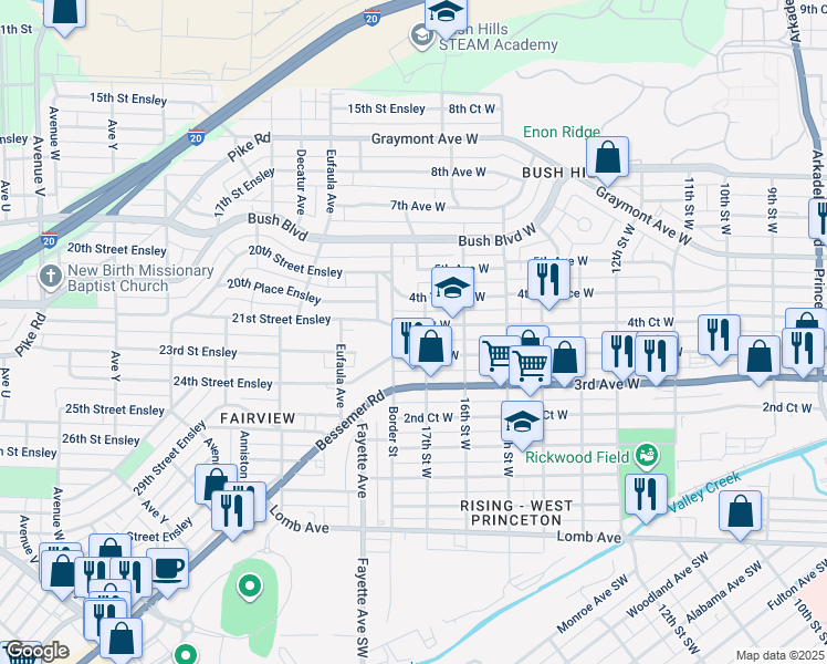 map of restaurants, bars, coffee shops, grocery stores, and more near 1705 4th Court West in Birmingham