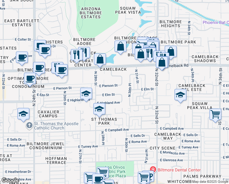 map of restaurants, bars, coffee shops, grocery stores, and more near 2920 East Elm Street in Phoenix