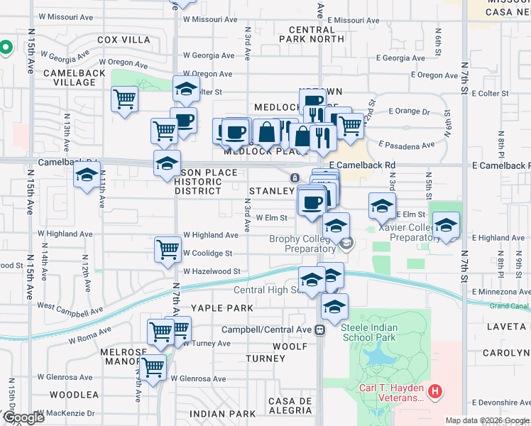 map of restaurants, bars, coffee shops, grocery stores, and more near 144 West Elm Street in Phoenix
