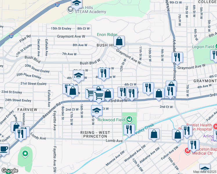 map of restaurants, bars, coffee shops, grocery stores, and more near 1311 4th Ct W in Birmingham