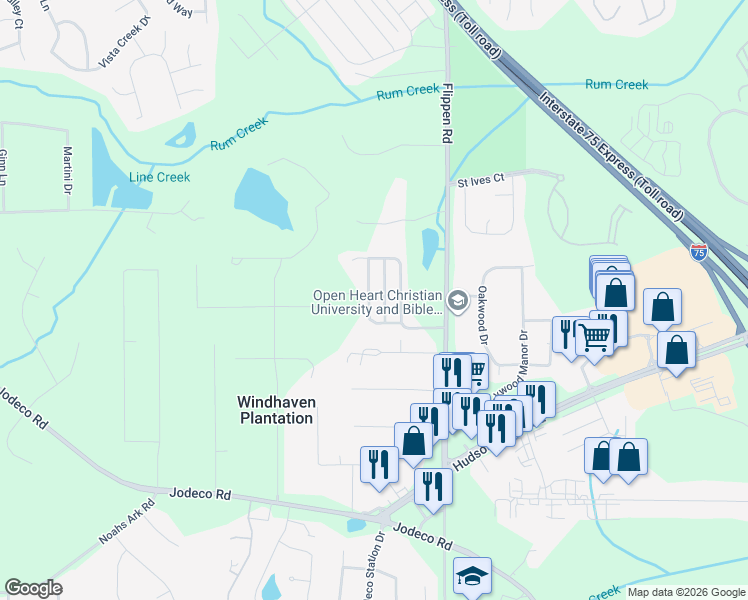 map of restaurants, bars, coffee shops, grocery stores, and more near 316 Goldenrod Drive in Stockbridge