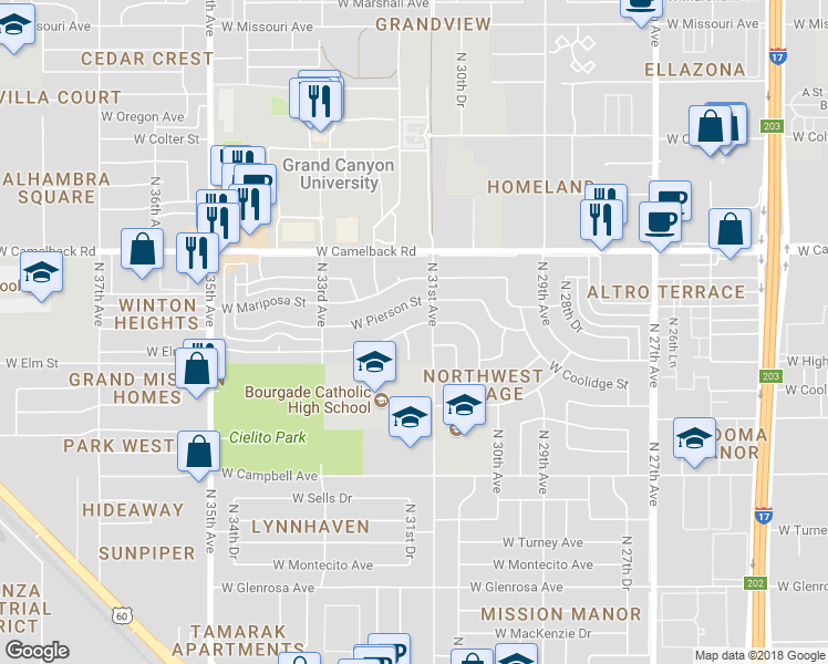 map of restaurants, bars, coffee shops, grocery stores, and more near 3115 West Elm Street in Phoenix
