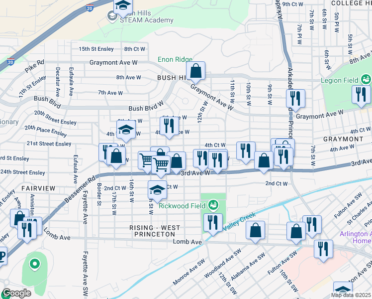 map of restaurants, bars, coffee shops, grocery stores, and more near 1211 4th Court West in Birmingham