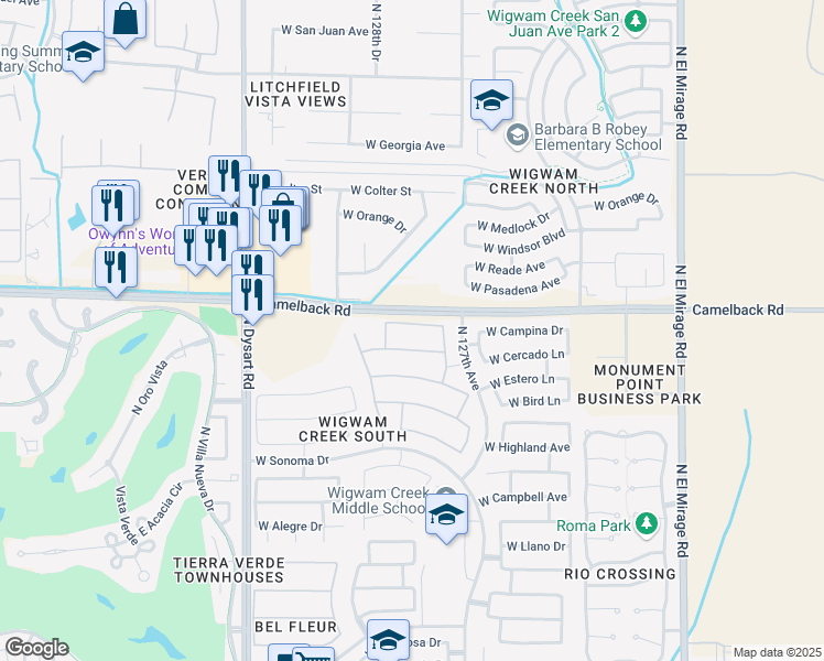 map of restaurants, bars, coffee shops, grocery stores, and more near 12739 West Campina Drive in Litchfield Park