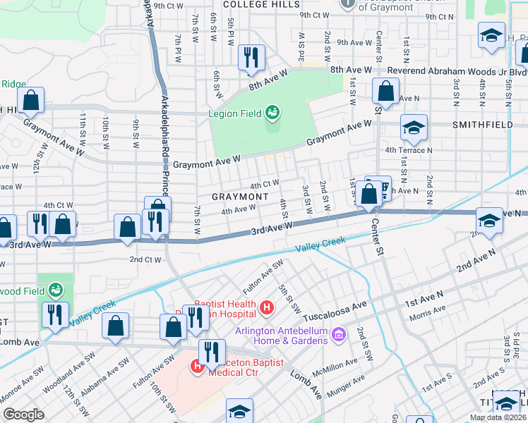 map of restaurants, bars, coffee shops, grocery stores, and more near 405 4th Avenue West in Birmingham