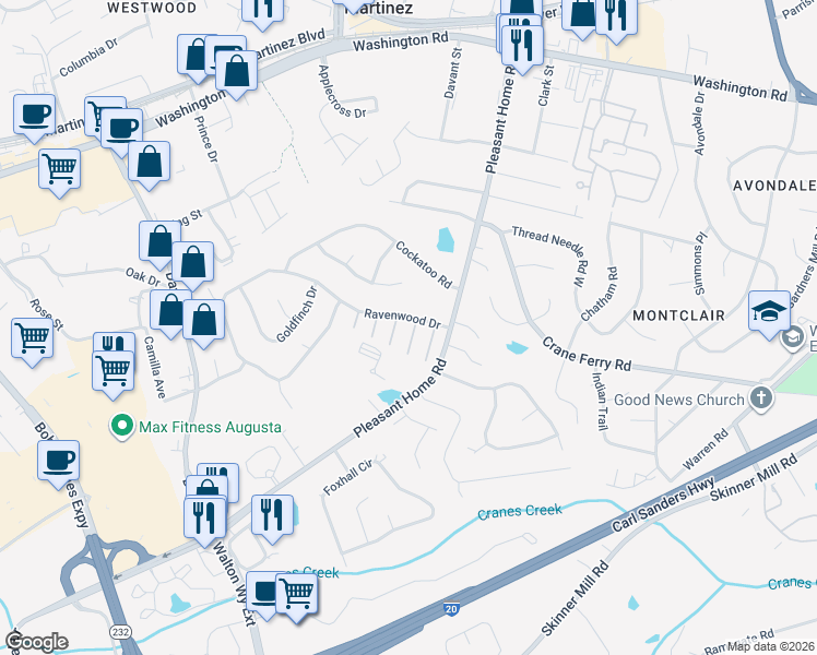 map of restaurants, bars, coffee shops, grocery stores, and more near 21 Innisbrook Drive in Augusta