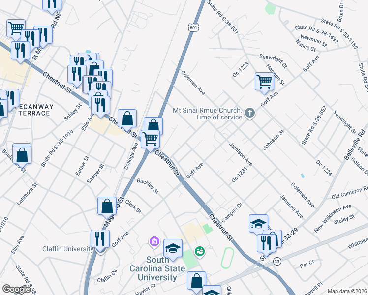 map of restaurants, bars, coffee shops, grocery stores, and more near 1274 Ashley Street in Orangeburg