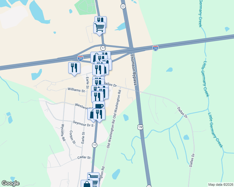 map of restaurants, bars, coffee shops, grocery stores, and more near 1505 Old Washington Road in Thomson