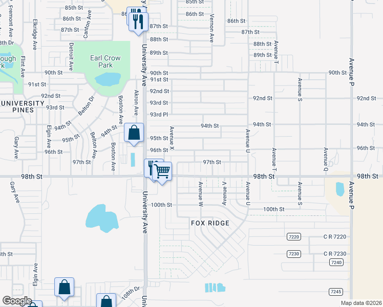 map of restaurants, bars, coffee shops, grocery stores, and more near 2309 96th Street in Lubbock