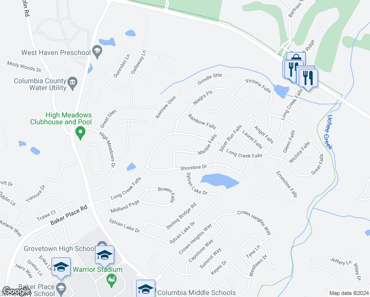 map of restaurants, bars, coffee shops, grocery stores, and more near 516 Marble Falls in Grovetown