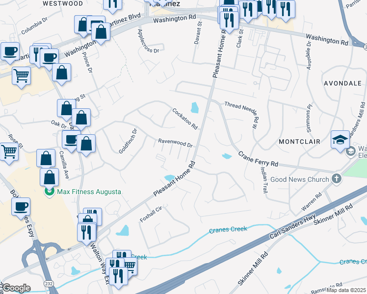 map of restaurants, bars, coffee shops, grocery stores, and more near 21 Innisbrook Drive in Augusta