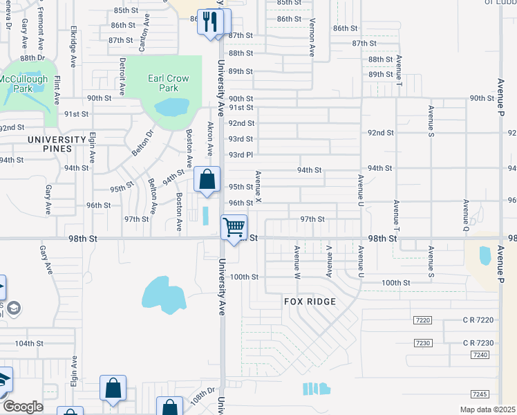 map of restaurants, bars, coffee shops, grocery stores, and more near 2327 96th St in Lubbock