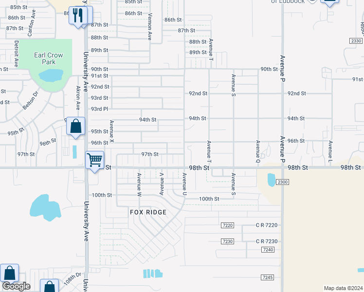 map of restaurants, bars, coffee shops, grocery stores, and more near 2101 96th Street in Lubbock