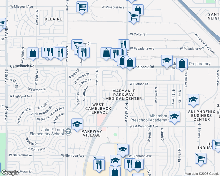 map of restaurants, bars, coffee shops, grocery stores, and more near 5201 West Camelback Road in Phoenix