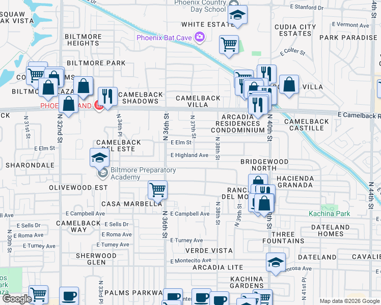 map of restaurants, bars, coffee shops, grocery stores, and more near 3642 North 37th Street in Phoenix