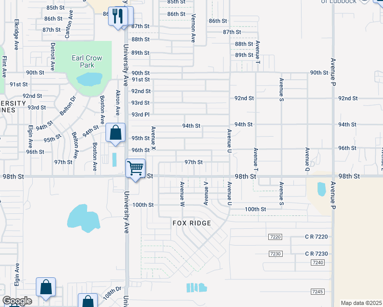 map of restaurants, bars, coffee shops, grocery stores, and more near 2217 96th Street in Lubbock