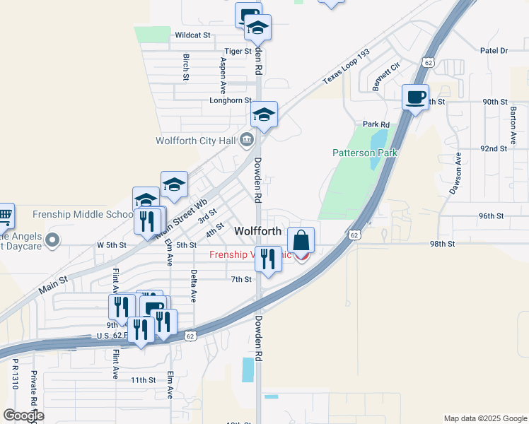 map of restaurants, bars, coffee shops, grocery stores, and more near 123 Brooke Boulevard in Wolfforth