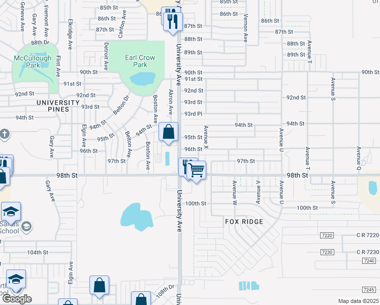 map of restaurants, bars, coffee shops, grocery stores, and more near 2409 96th Street in Lubbock