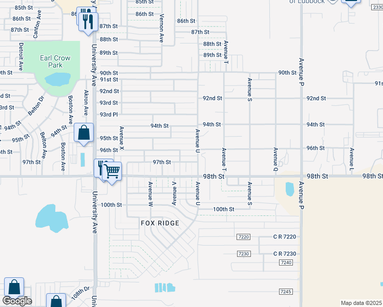 map of restaurants, bars, coffee shops, grocery stores, and more near 2105 96th Street in Lubbock