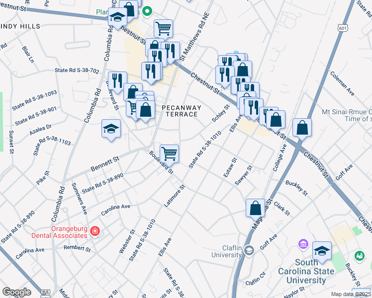 map of restaurants, bars, coffee shops, grocery stores, and more near 1151 Fairfield Street in Orangeburg