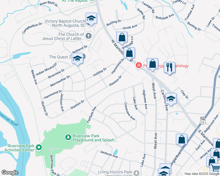 map of restaurants, bars, coffee shops, grocery stores, and more near 1001 Stanton Drive in North Augusta